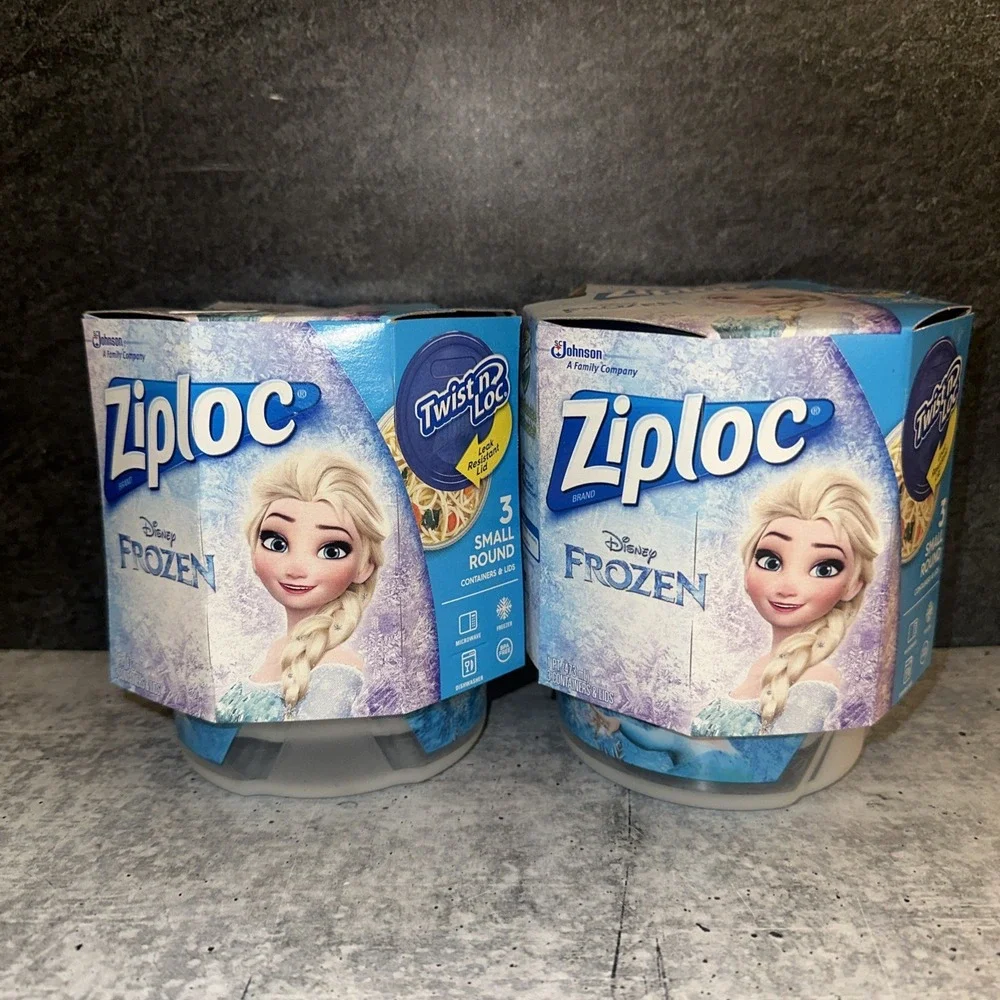 2 Lot Of 3 Pack Small Round Ziploc Twist n Loc Plastic Containers Frozen Disney